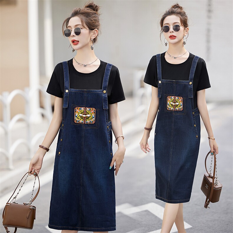 假两件拼接牛仔连衣裙女小个子新款夏季短袖圆领时髦国风背带裙子，女装连衣裙，涵亦佰惠