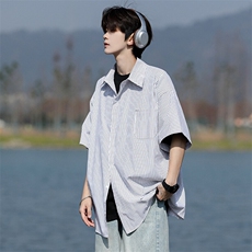 8XL-M条纹短袖衬衫男夏季宽松慵懒风痞帅大码衬衣外套DC28001P40，男装衬衫，电商B312