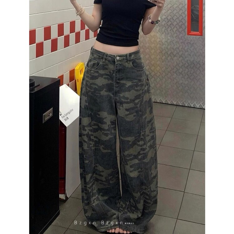 美式复古迷彩阔腿牛仔裤女夏季新款街头辣妹宽松廓形拖地弯刀长裤,女装牛仔裤,星座218-8