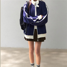 WY841-P65-450克美式慵懒chic新款复古撞色运动休闲立领卫衣外套，女装短外套，星座1811B