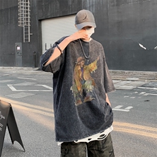 潮牌宽松短袖t恤蜡染美式复古高街水洗做旧517A-2-SX241-P38，男装T恤，星座517A-2