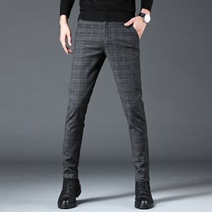 男士休闲裤春季韩版潮流修身小脚弹力格子长裤商务直筒9150图片