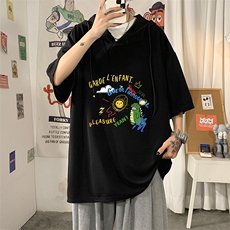 LD54219-P45连帽短袖t恤男大码胖子带帽五分袖中袖海报风，男装T恤，电商A040