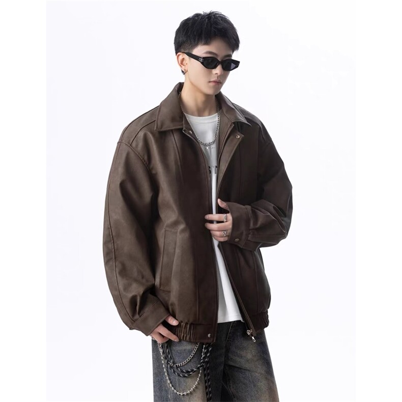 抖音PU皮夹克宽松复古纯色外套DY2407-特P80加厚2408-P90,男装夹克,星座1213