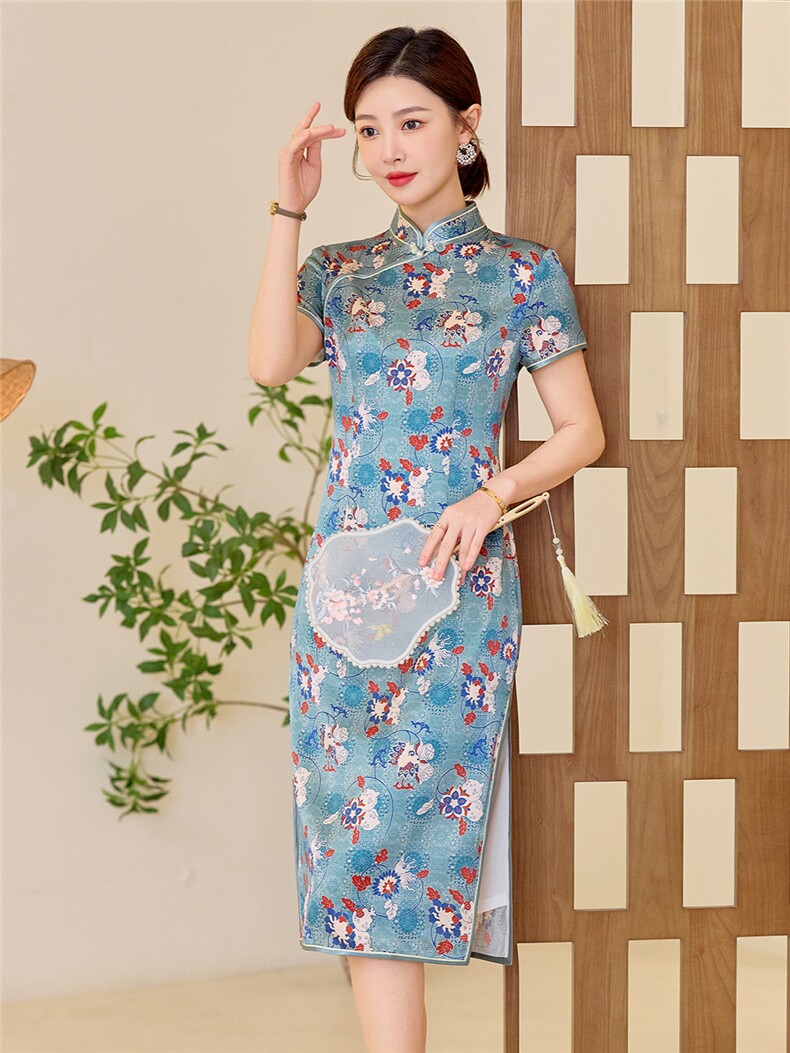 杭州品质真丝长裙复古印花连衣裙女春夏日常修身潮流真丝旗袍,女装汉服/婚纱/旗袍/礼服,小荷流