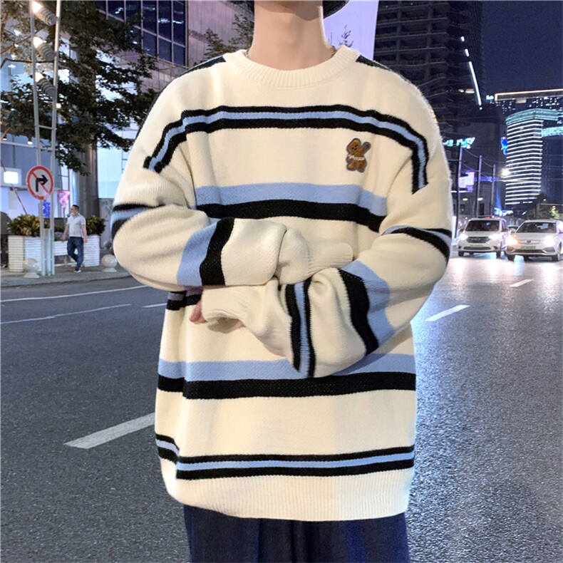 Q条纹毛衣男秋冬季港风ins潮流宽松慵懒风情侣针织线衣M385-P40,男装针织衫/毛衣,星座512-3