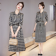 香莘料2023年冬季韩版新款菱形格丝光连衣裙6906，女装连衣裙，香莘料