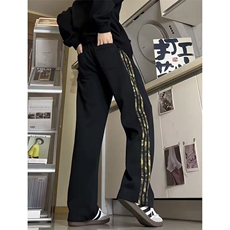 豹纹条纹白花灰卫裤男春秋款2025新款运动裤子美式直筒休闲裤，男装休闲裤，星座506A