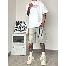 B221美式ins高街暗黑小众百搭牛仔短裤五分裤LK23090-P55控78，男装牛仔裤，电商B221
