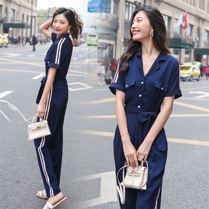 气质西装领短袖直筒裤高腰连体裤女2021，女装连体裤，辉之琳