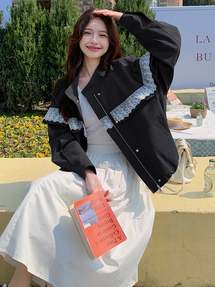美式复古甜酷风蕾丝拼接暗扣工装外套女2025春款休闲棒球服夹克,女装短外套,蝶眷