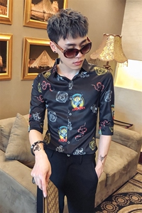 2021夏新款男社会风休闲衬衫修身七分袖发型师衬衣工作服D447图片