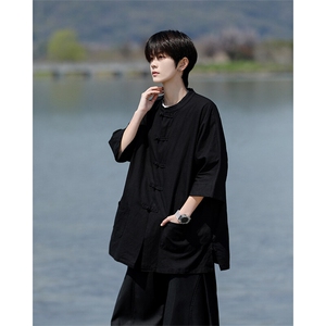 8XL-M 新中式衬衫男中山装麻棉风复古中袖衬衣唐装CS527P60图片