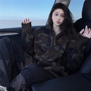 重磅连帽迷彩卫衣外套女春秋2025新款开春设计感拉链开衫WY8204图片