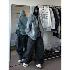蓝色连帽牛仔外套男女高街vibe潮痞帅连帽工装外套J3523-P80，男装工装外套，星座1001-1