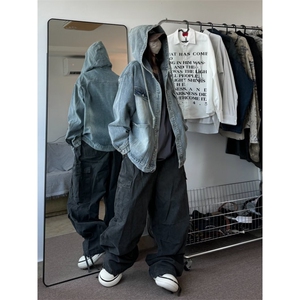 蓝色连帽牛仔外套男女高街vibe潮痞帅连帽工装外套 J3523-P80图片