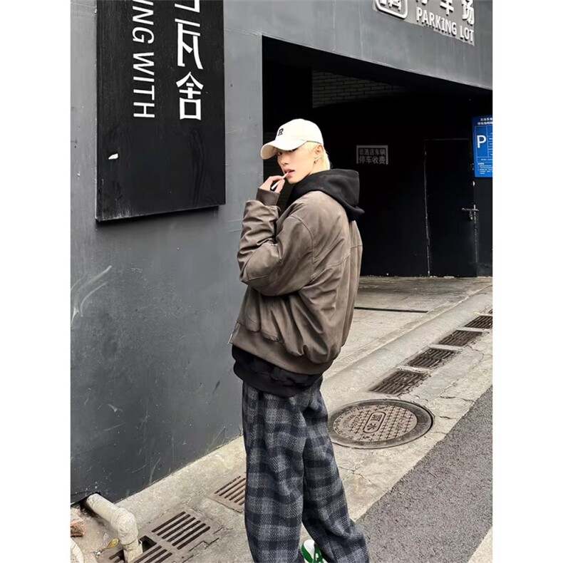 蓝色小香风格子裤男春秋美式加厚青少年裤子宽松阔腿直筒休闲裤,男装休闲裤,四季星座505