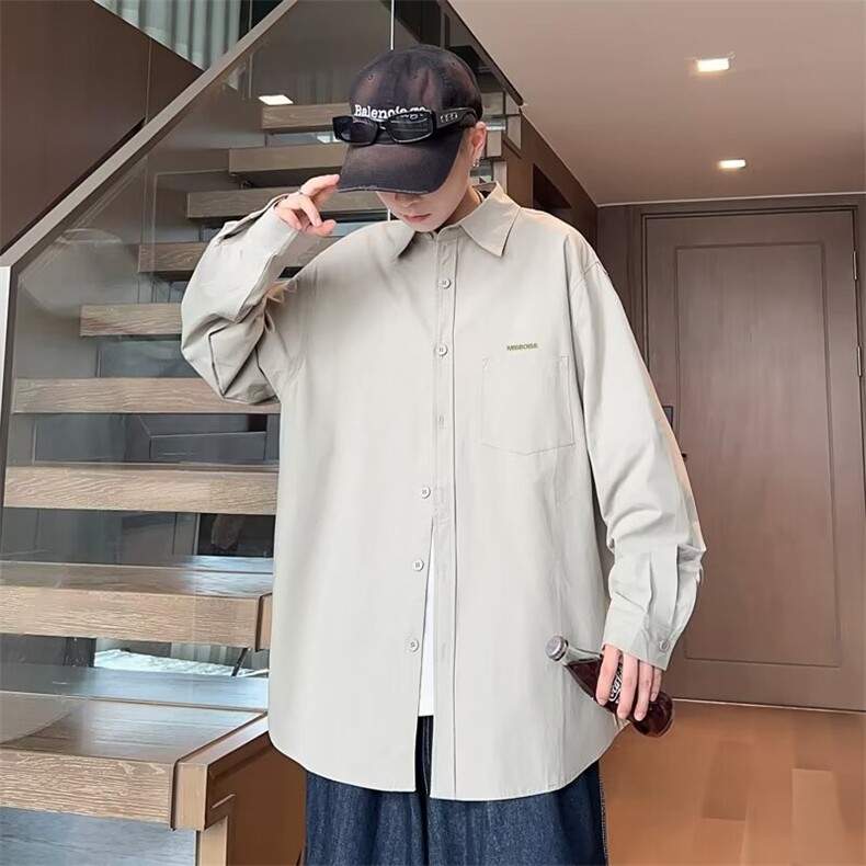 衬衫男春秋季日系刺绣字母长袖衬衣潮牌新款宽松休闲工装外套,男装衬衫,星座1013