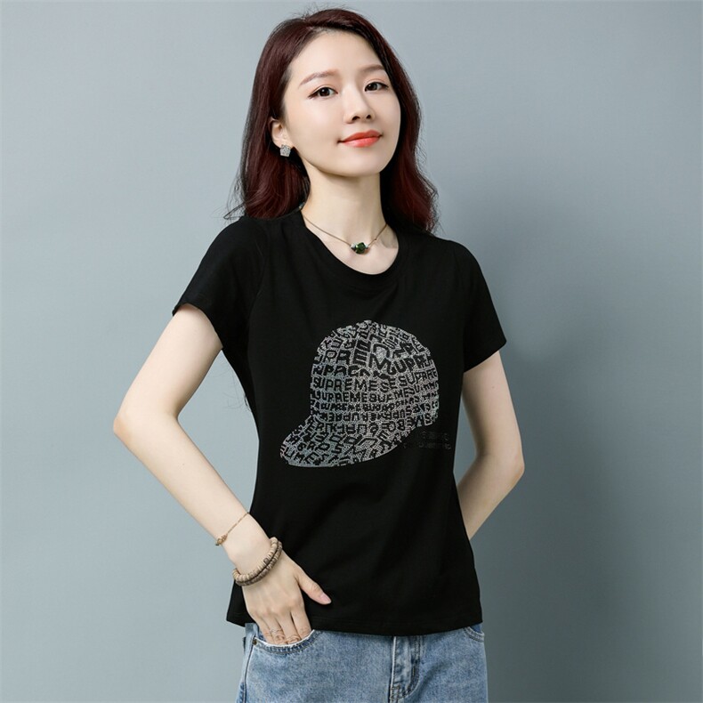 板酷2026夏装新款时尚短袖宽松烫钻镶钻装饰T恤B631,女装T恤,板酷