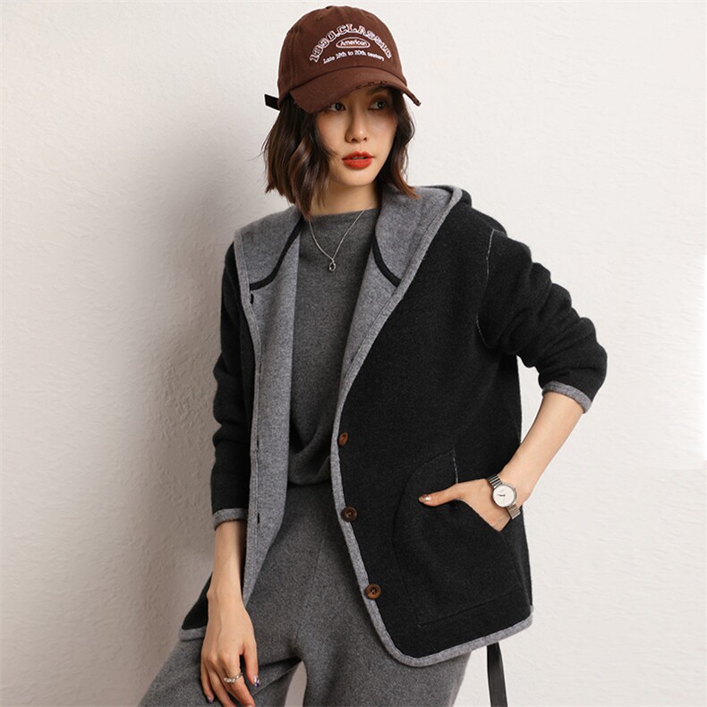 2024年秋季空气层加密拼色时尚羊绒连帽外套，女装羊绒大衣，五色羊羊绒