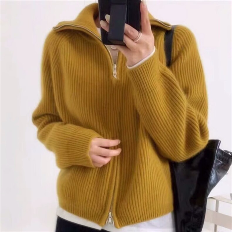 秋冬新款宽松拉链设计感小众短款毛衣女针织开衫，女装羊毛衫，隆格羊绒