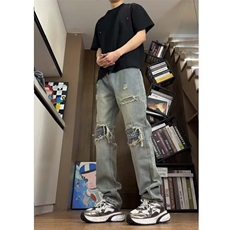破洞乞丐裤设计感裂纹宽松直筒牛仔裤男潮8212P45，男装牛仔裤，星座410-2