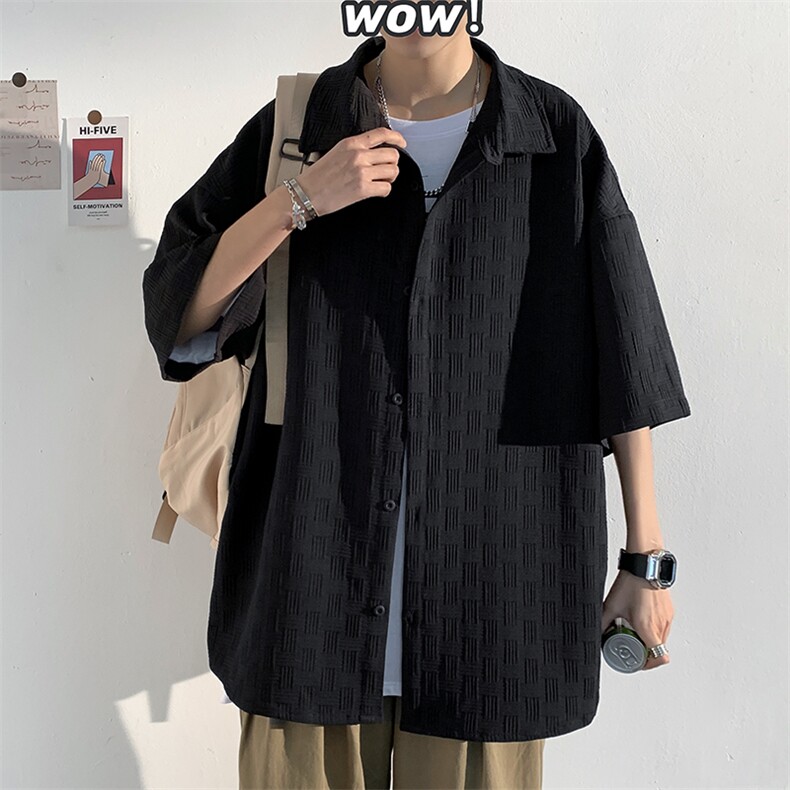 2023夏款质感编织华夫格外套短袖男港风大码五分袖衬衫C22633-P45,男装衬衫,电商A001