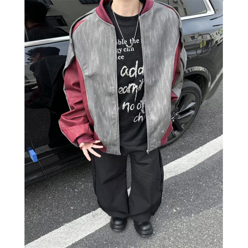 ZN0103-P76 短款外套男潮高级感棒球服夹克拼接不规则拼色机车服图片