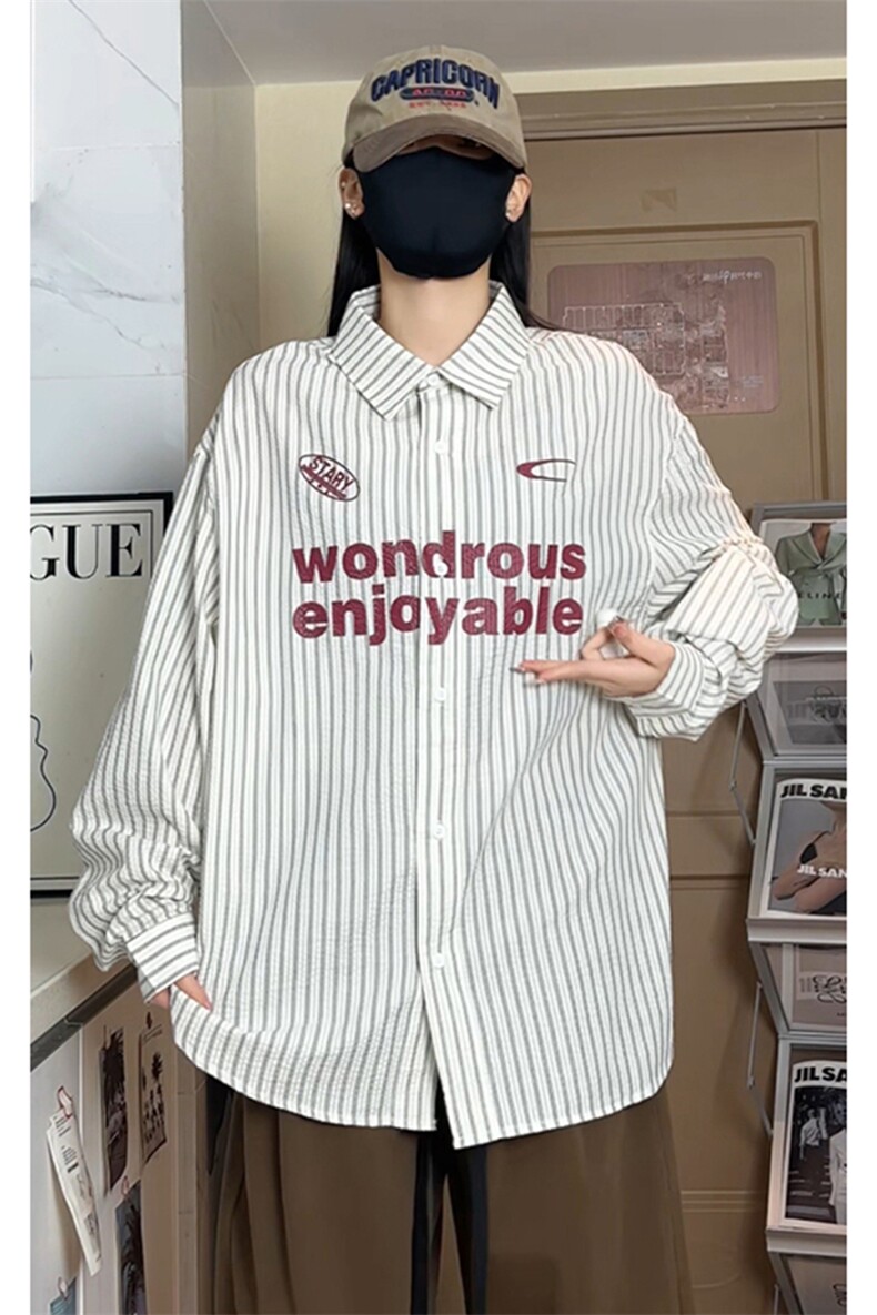 宽松百搭叠穿印花压皱条纹衬衫外套男女C2216-P47【特价】,男装衬衫,电商A007