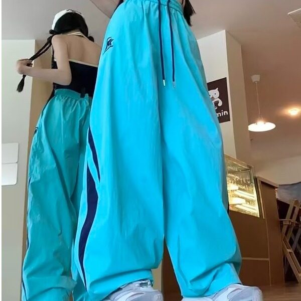 薄荷曼波风湖蓝色裤子夏季宽松阔腿hiphop街舞速干美式降落伞兵裤,男装休闲裤,星座506A