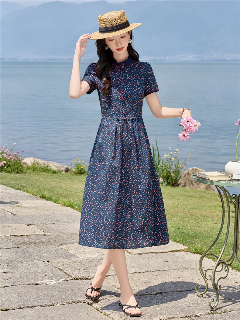 田园风斜领碎花刺绣连衣裙女春夏收腰显瘦中长裙（细节图颜色为）,女装连衣裙,水衣源