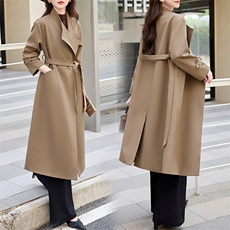 欧货正品一口价女2024秋冬英伦风中长款宽松百搭收腰系带翻领风衣，女装风衣，时尚俏佳人