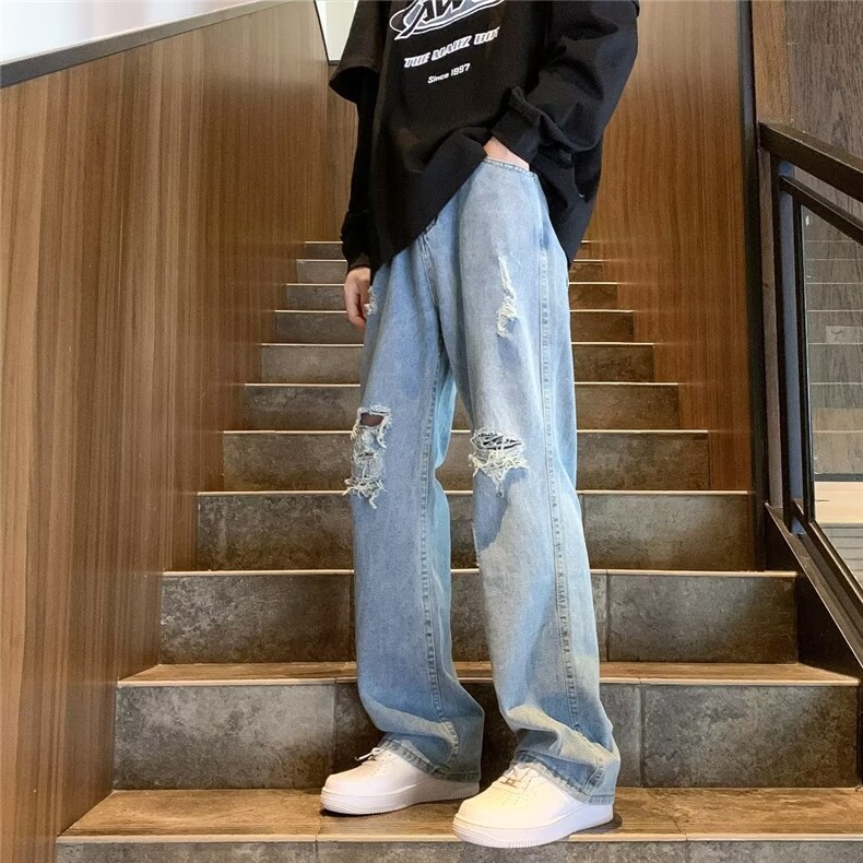 破洞牛仔裤男女春秋美式水洗做旧街头宽松直筒休闲长SK212-P45,男装牛仔裤,星座1109-3