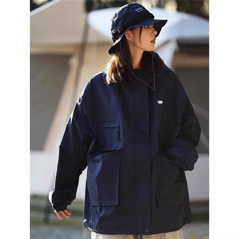 春秋日系加厚户外纯色机能大口袋冲锋衣宽松男女夹克图片