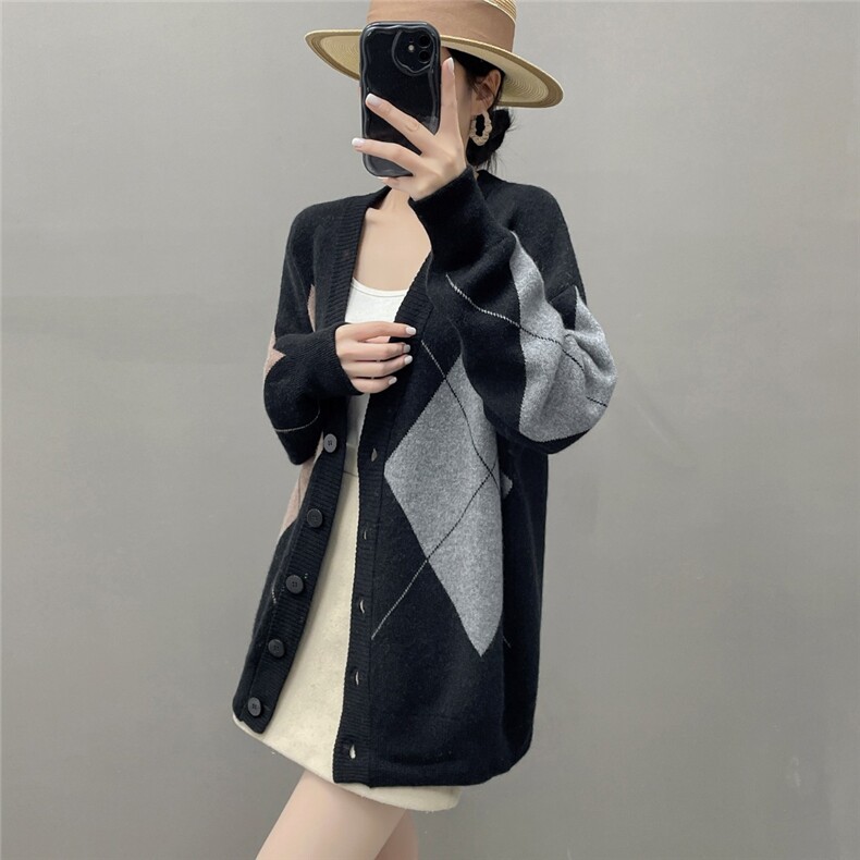 HE|菱形格拼色加厚baby山羊绒针织开衫女V领毛衣宽松中长款外套,针织衫/毛衣,国旺羊绒