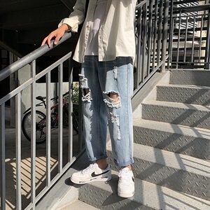 夏季潮流破洞直筒牛仔裤男浅色宽松牛仔九分裤子毛边中性B图片