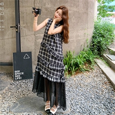 现货复古黑白格拼接网纱连衣裙2C236M108P145K198，女装连衣裙，2C236