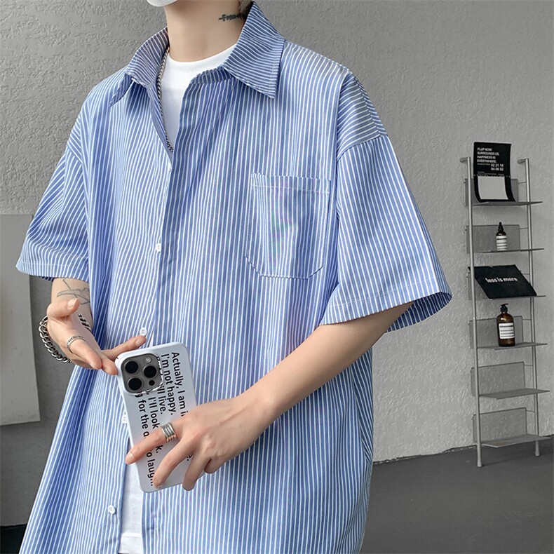 8XL-M 条纹短袖衬衫男夏季宽松慵懒风痞帅大码衬衣外套DC28001P40图片