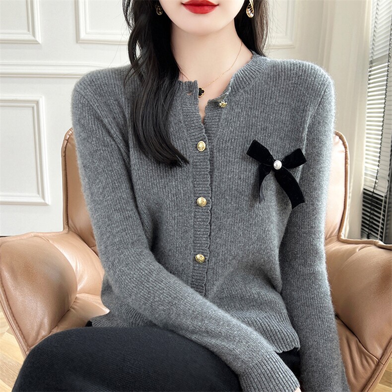 羊毛开衫女外套短款毛衣外套蝴蝶结圆领针织衫毛衣外搭,女装羊毛衫,哲奥羊绒