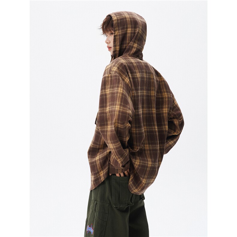 美式复古连帽格子衬衫大码慵懒风高级感长袖衬衣薄外套LC308特P38，男装衬衫，电商B215