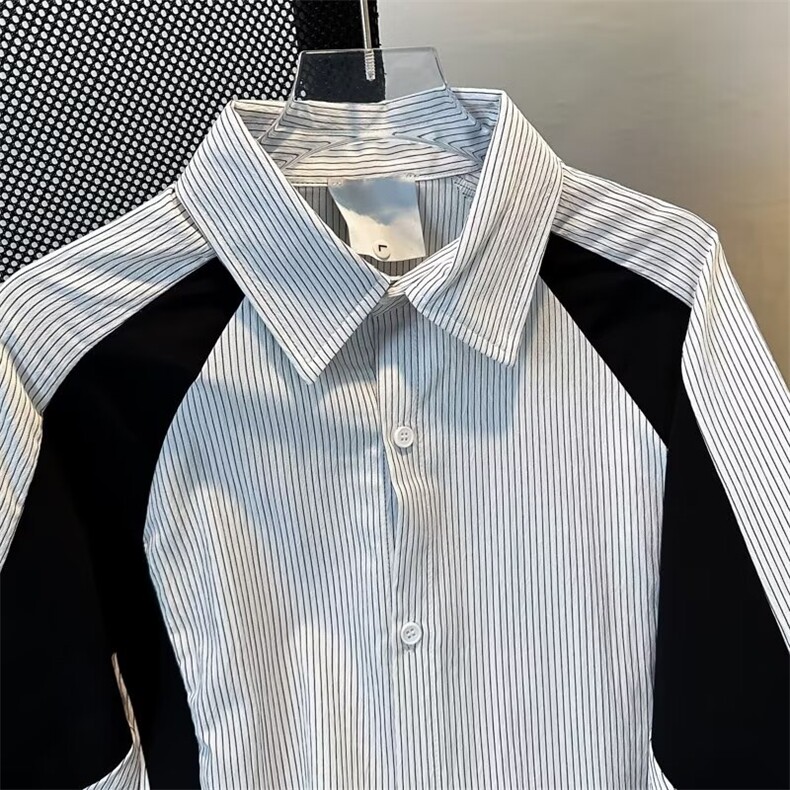 潮牌解构拼接条纹长袖衬衫男女复古宽松休闲小众衬衣K2222P42,男装衬衫,星座1013-1