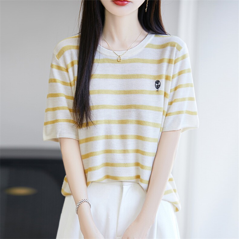 夏新款圆领条纹拼色刺绣小花精纺羊毛短袖T恤女休闲宽松针织上衣图片