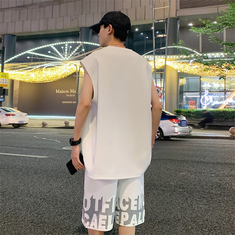 2024夏季新款港风外景大码菠萝格无袖背心套装M-5XHQ24470-P60,男装休闲套装,电商A022
