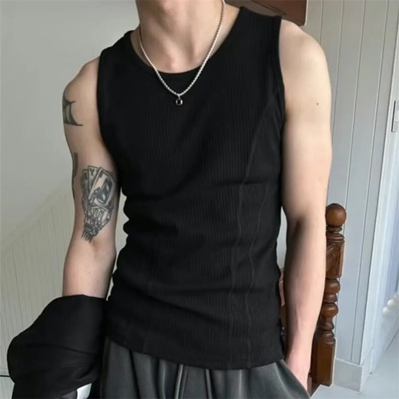白色竖条纹拼接无袖汗背心男士夏季美式休闲个性修身坎肩T恤,男装背心/马甲,星座506A