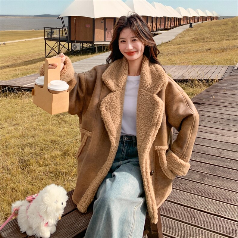 美拉德皮毛一体外套女2025冬季新款显瘦加厚机车服保暖羊羔毛上衣,女装毛呢外套,2B190