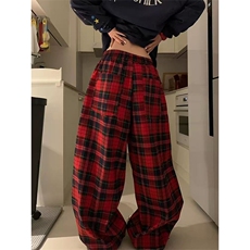 网图有货美式复古撞色格子抽绳松紧腰宽松阔腿裤男女A1324-P48，男装休闲裤，星座1505