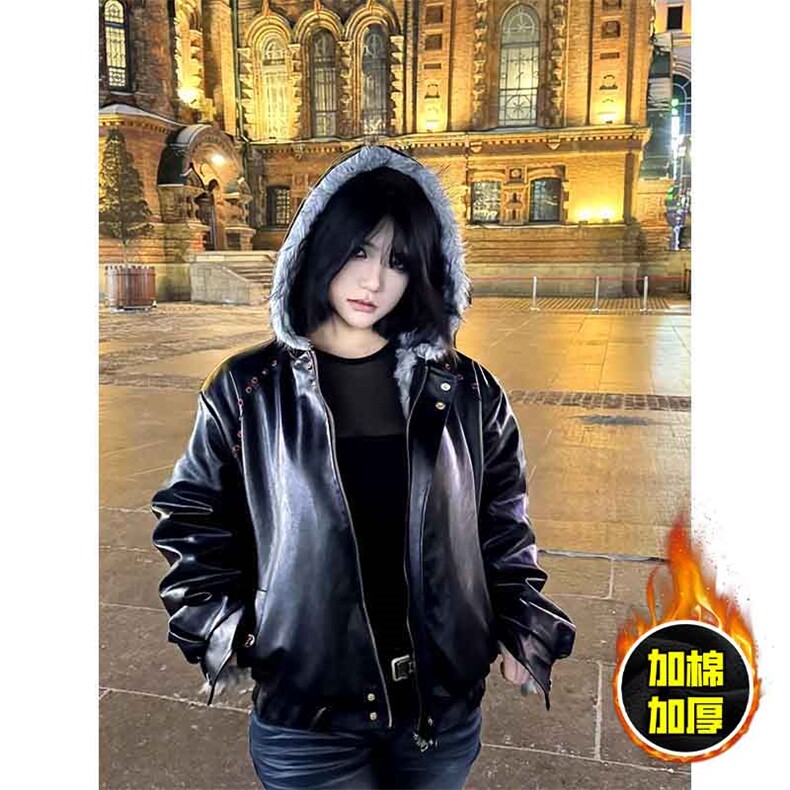 现货冬季美式潮牌痞帅PU皮机车服棉衣毛毛绒狼王座山雕皮棉服,男装棉衣,电商A486-1