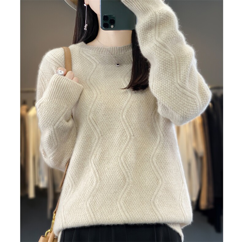 时尚百搭七针加厚圆领波浪花纹女羊毛衫显瘦保暖冬季必备，女装羊毛衫，九嘉羊绒