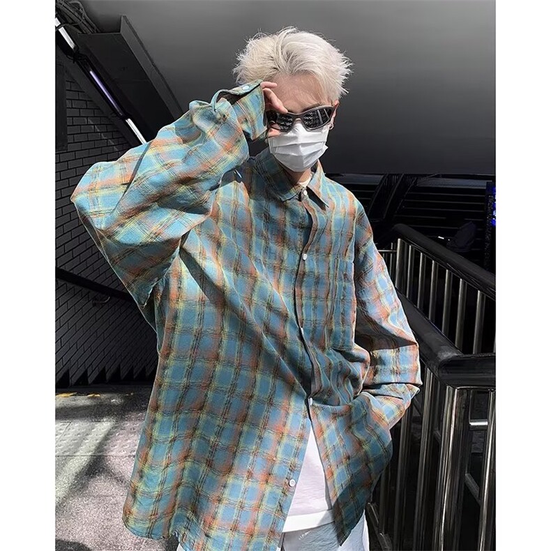 格子衬衫男女同款ins潮牌宽松痞帅长袖格纹衬衣HC126P38,男装衬衫,星座1116-2