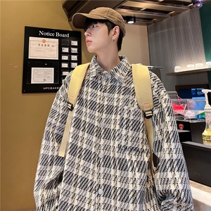 小香风外套男春秋季高级感格子潮牌衬衫翻领帅气情侣宽松夹克衬衣图片